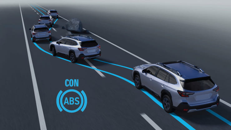 representacion de una frenada con abs esquivando una roca en la carretera